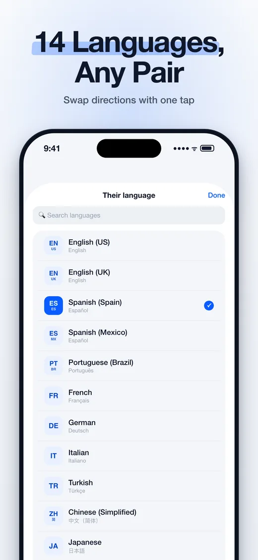 Choose from 14 languages in any direction